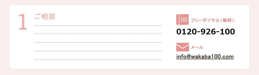１．ご相談　フリーダイヤル：0120-926-100　メール：info@wakaba100.com
